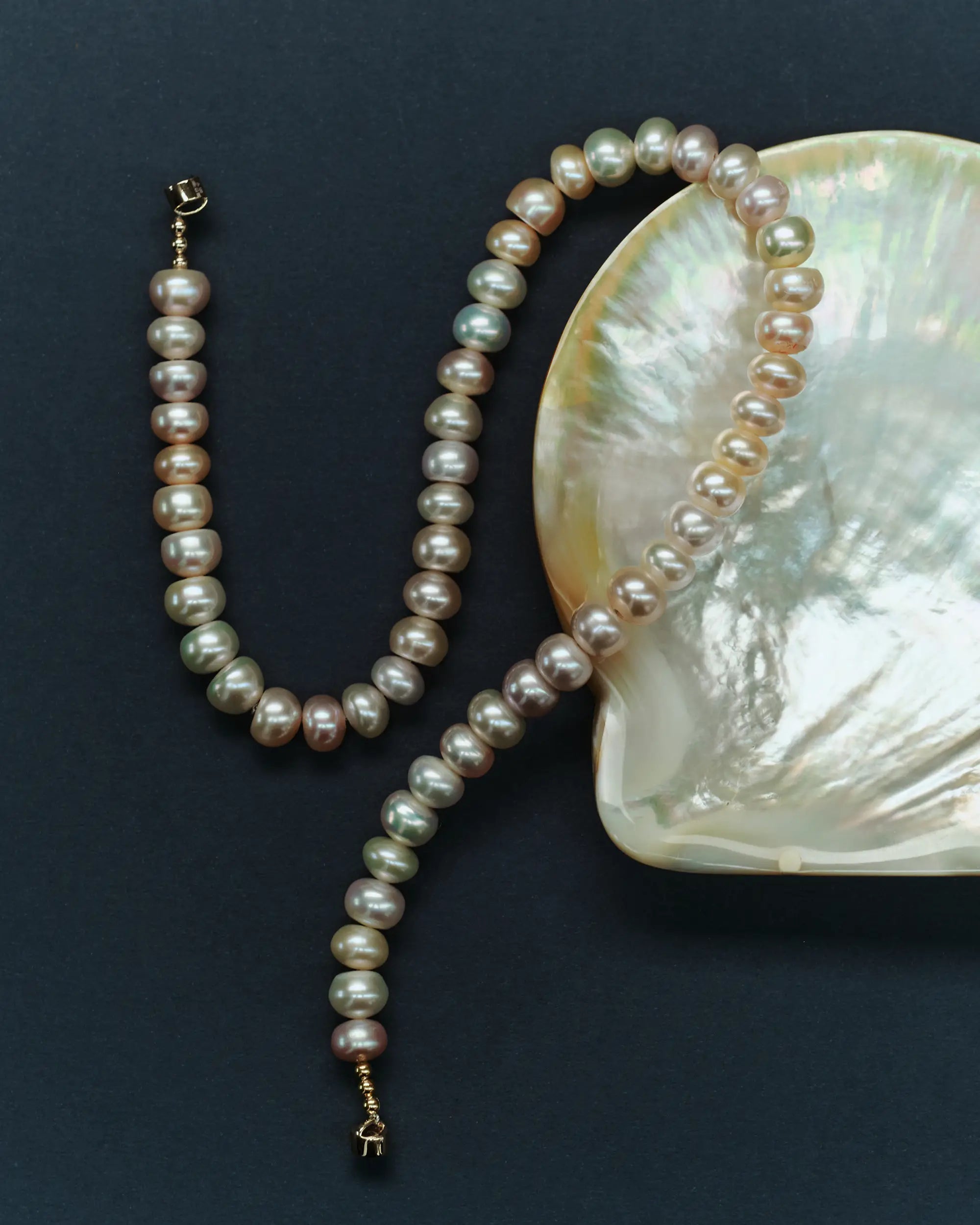 Blush pearl necklace with a 18K gold clasp on a dark surface with a large shell