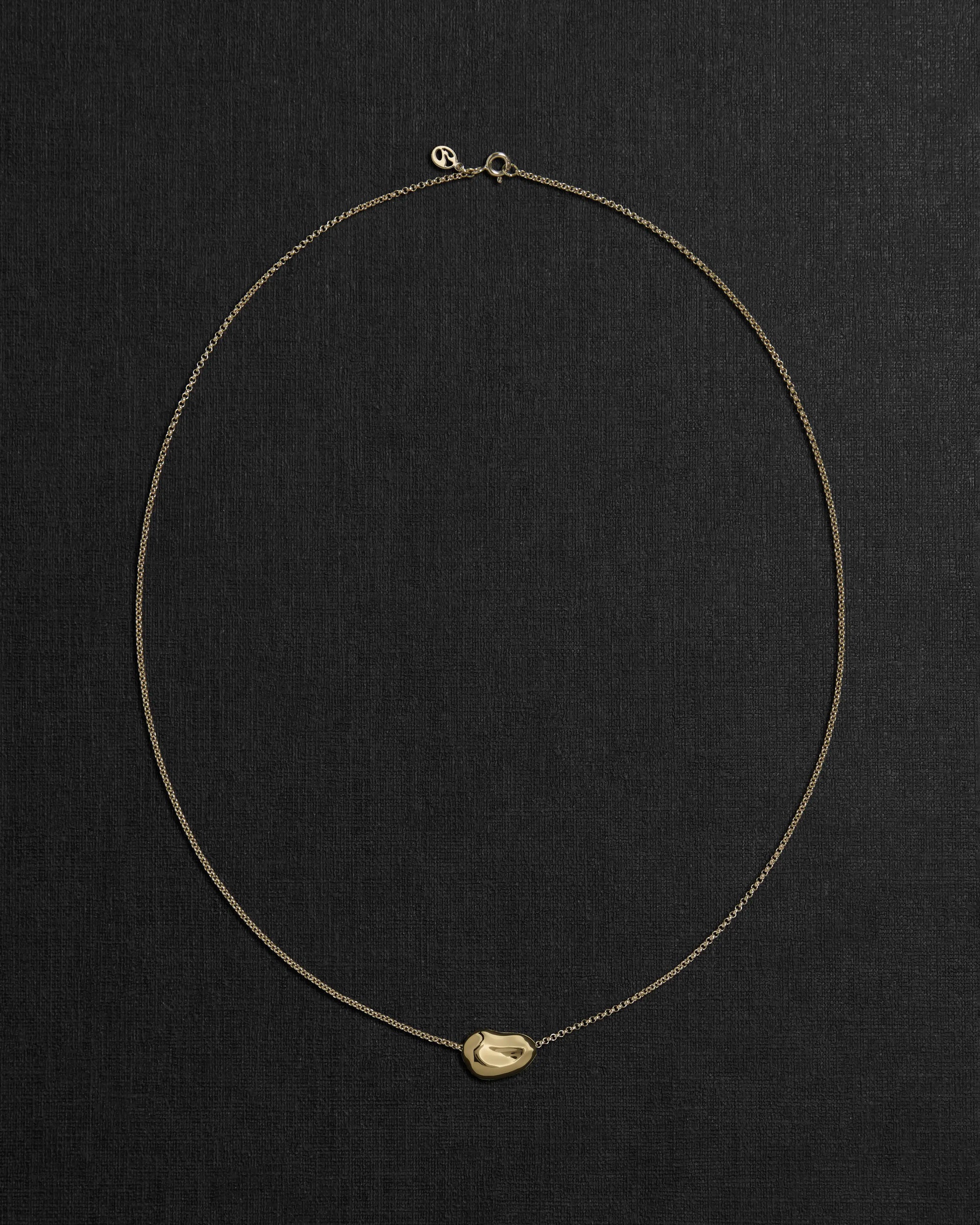 18K gold rollo chain necklace with a pomegranate-shaped pendant on a black background